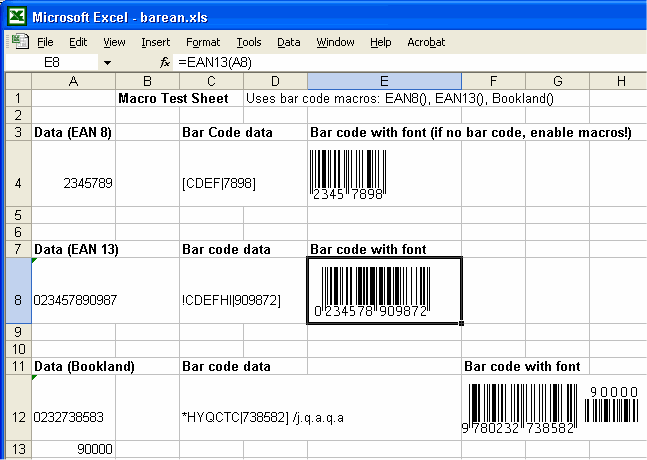 bar code. EAN Bar codes in Excel screen