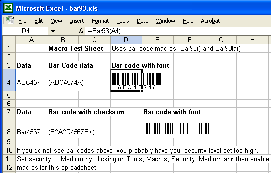 Bar code 93 in Excel screen shot