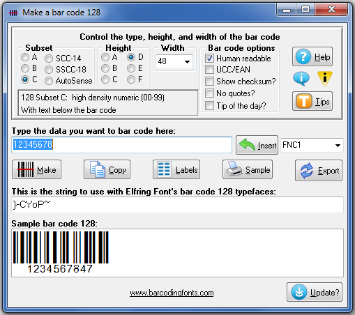 Click to see the Bar Code 128 font software utility that comes with this package