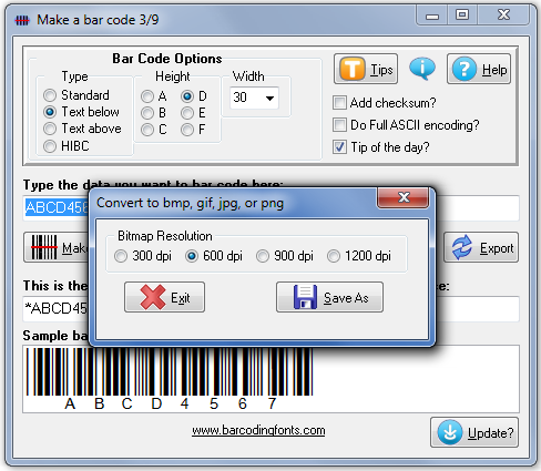 Export a bar code as a graphic