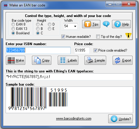 Click to see the EAN Bar Code font software utility that comes with this package