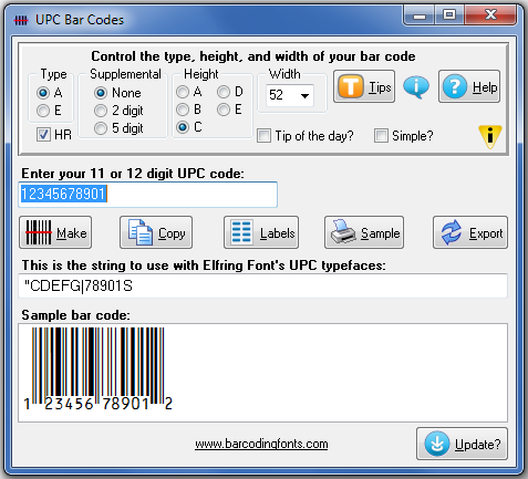 Click to see the UPC Bar Code font software utility that comes with this package